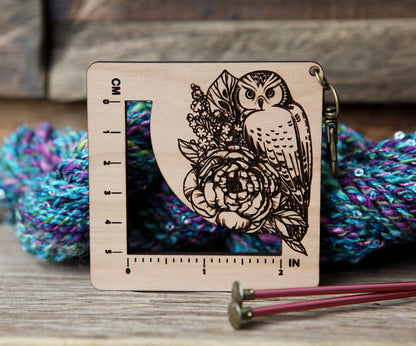 Sunrise Grove Owl & Plants Knit/Crochet Gauge Ruler, Cherry & Bronze Clasp Notions and Tools
