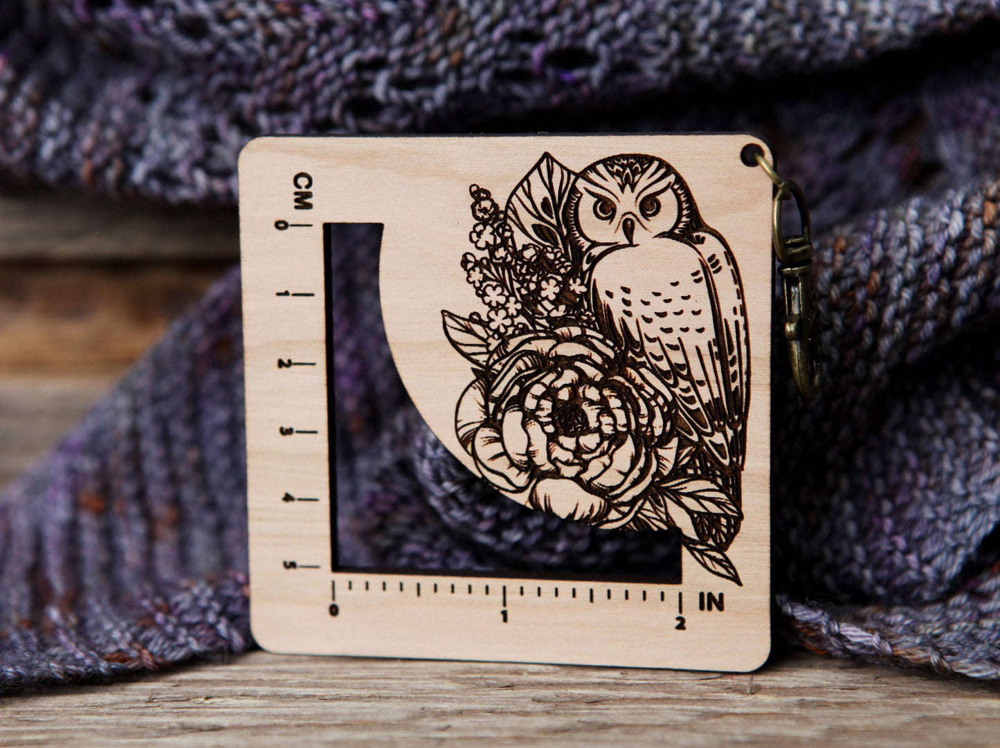 Sunrise Grove Owl & Plants Knit/Crochet Gauge Ruler, Cherry & Bronze Clasp Notions and Tools