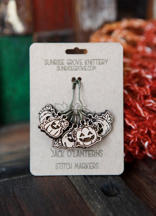 Sunrise Grove Pumpkin Jack-o'-lantern Cherry Wood Stitch Markers Set of 6