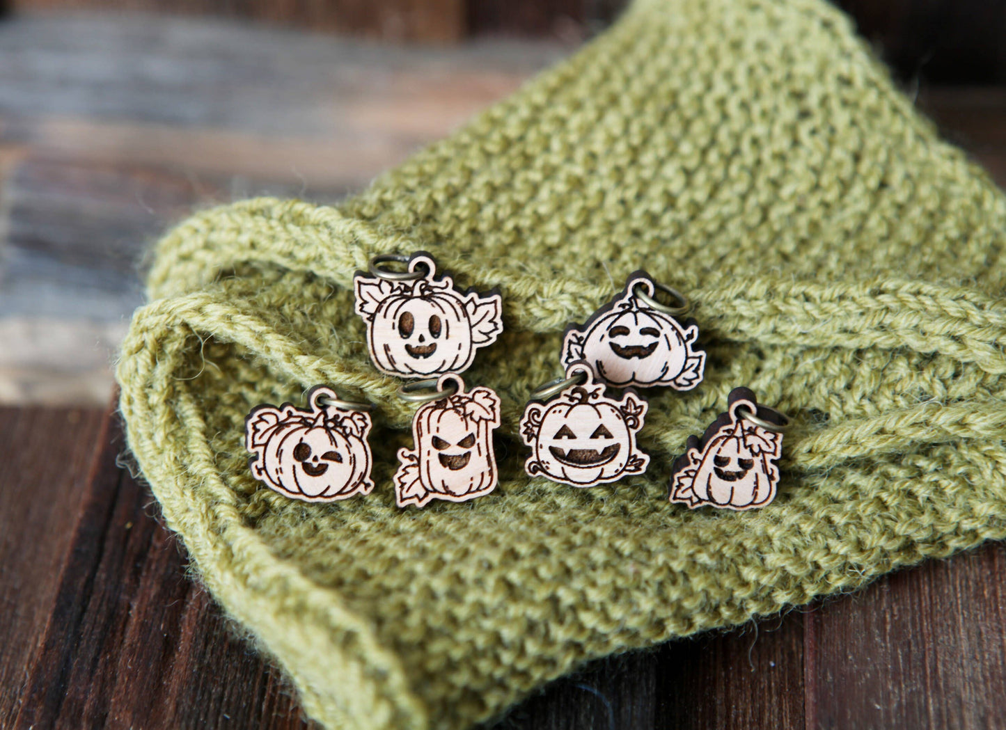 Sunrise Grove Pumpkin Jack-o'-lantern Cherry Wood Stitch Markers Set of 6 Stitch Markers