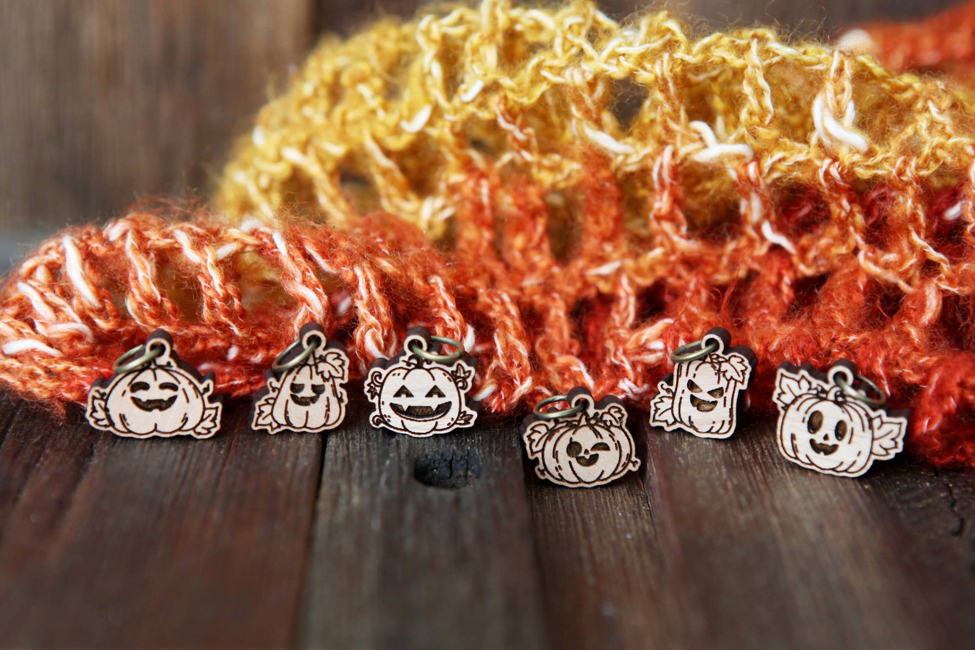 Sunrise Grove Pumpkin Jack-o'-lantern Cherry Wood Stitch Markers Set of 6 Stitch Markers