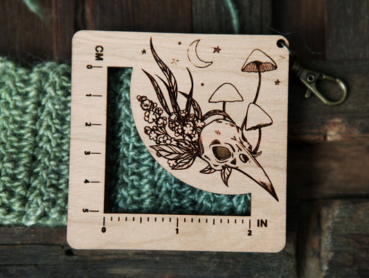 Sunrise Grove Raven Skull Mushroom Knit Crochet Gauge Ruler Cherry Wood Notions and Tools
