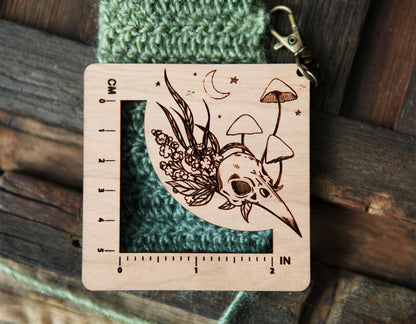 Sunrise Grove Raven Skull Mushroom Knit Crochet Gauge Ruler Cherry Wood Notions and Tools