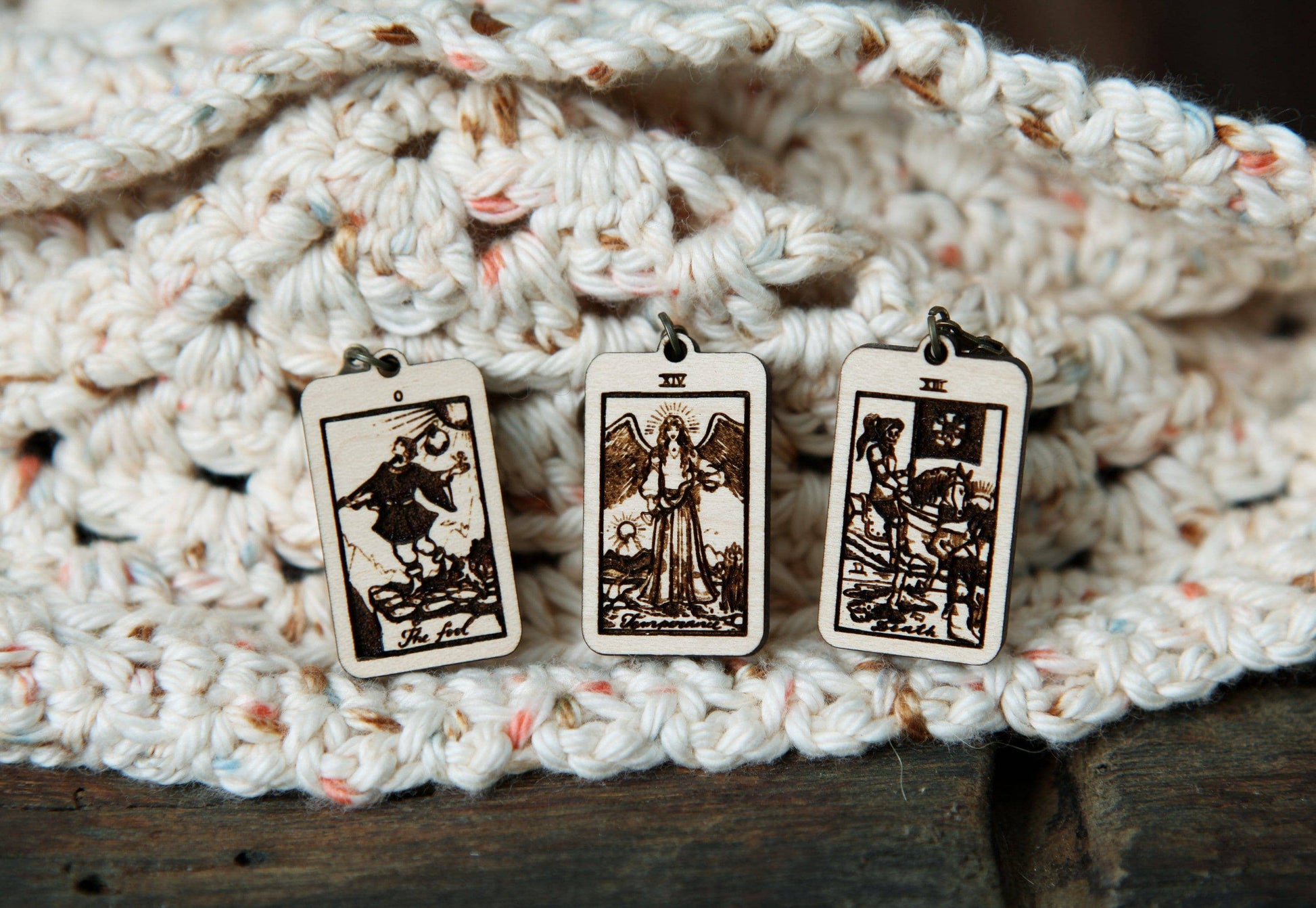 Sunrise Grove Tarot Knitting Progress Keepers & Crochet Markers Set of 3 - The Fool, Death & Temperance Stitch Markers