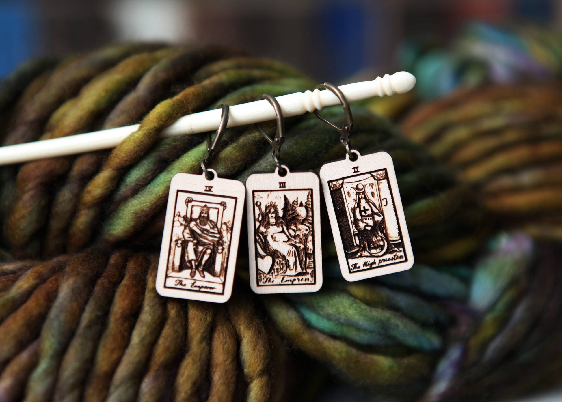 Sunrise Grove Tarot Knitting Progress Keepers & Crochet Markers Set of 3 - The High Priestess, Empress and Emperor Stitch Markers