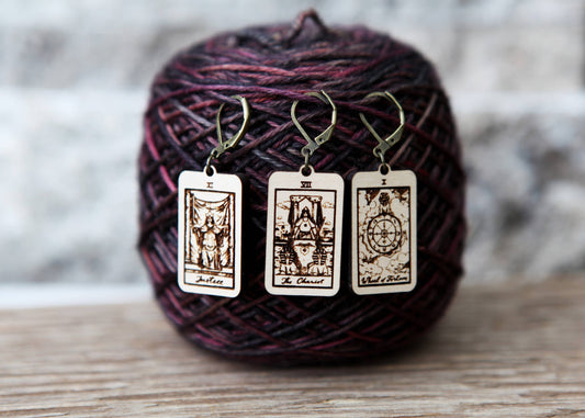 Sunrise Grove Tarot Knitting Progress Keepers & Stitch Markers Set of 3 - Justice, Wheel of Fortune & Chariot Stitch Markers