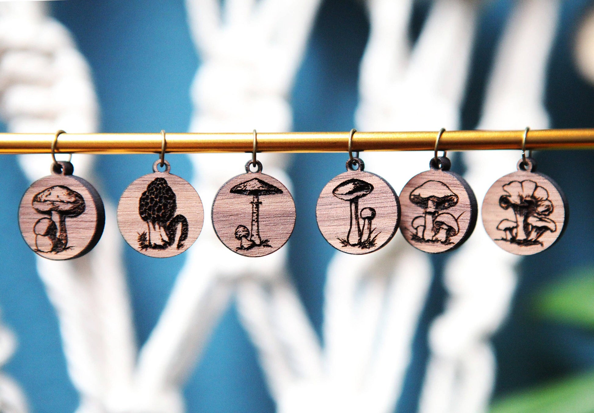 Sunrise Grove Walnut Knitting Stitch Markers Set of 6 Wild Mushroom Stitch markers