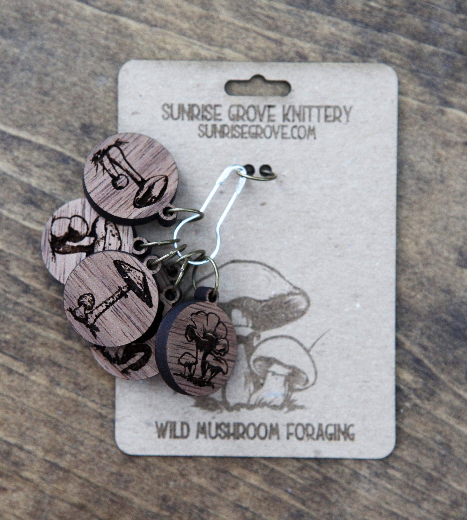 Sunrise Grove Walnut Knitting Stitch Markers Set of 6 Wild Mushroom Stitch markers