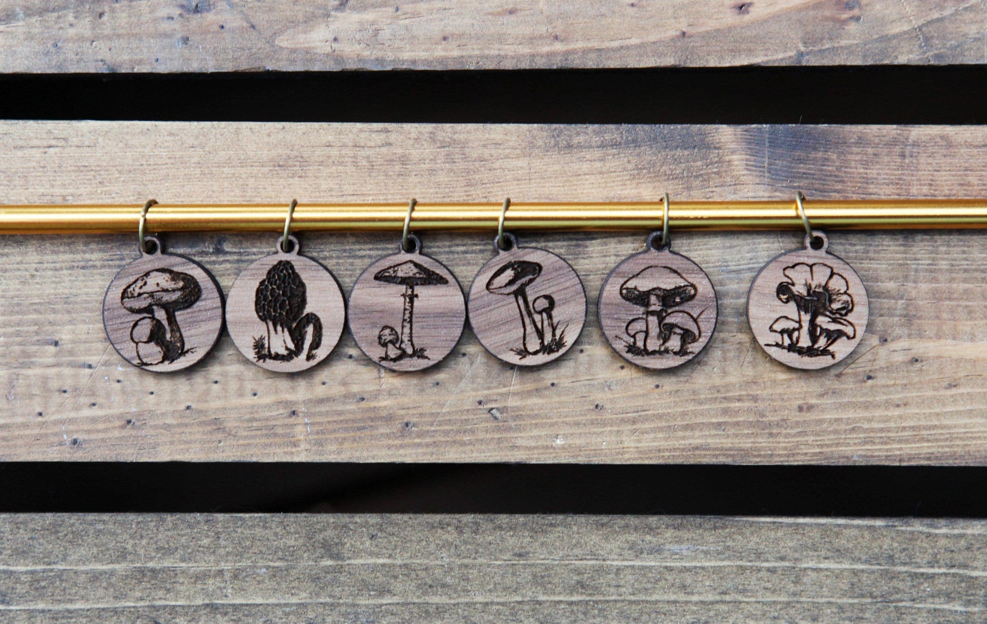 Sunrise Grove Walnut Knitting Stitch Markers Set of 6 Wild Mushroom Stitch markers