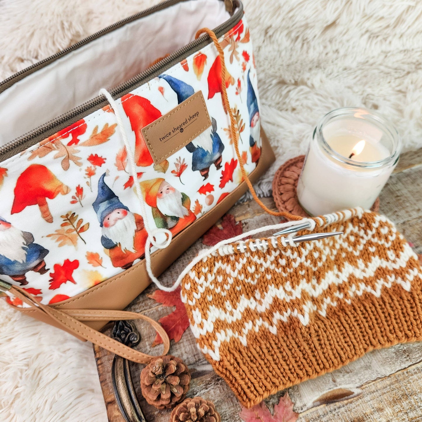 Twice Sheared Sheep Gnome Friends Trinity Bag – Medium Zippered Knitting Project Bag