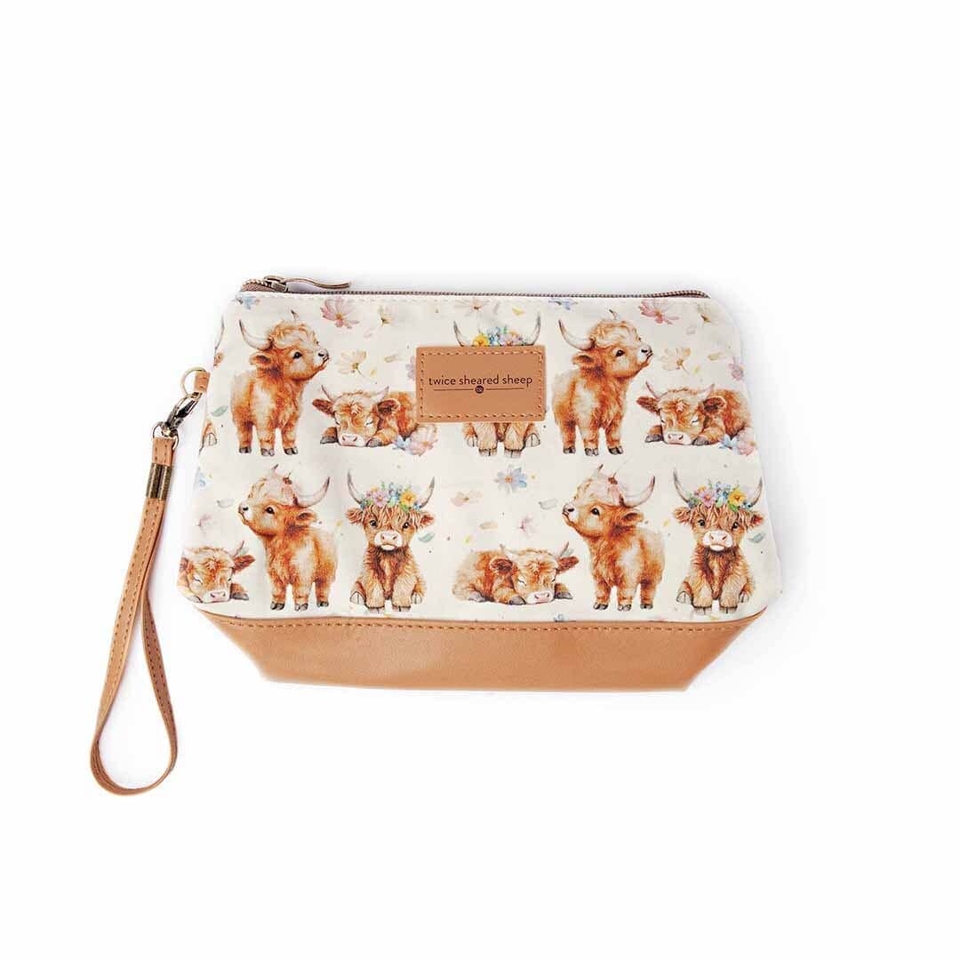 Twice Sheared Sheep Mini Trini Bag – Small Zippered Sock Project Bag - Maisy the Highland Cow Tote Bags