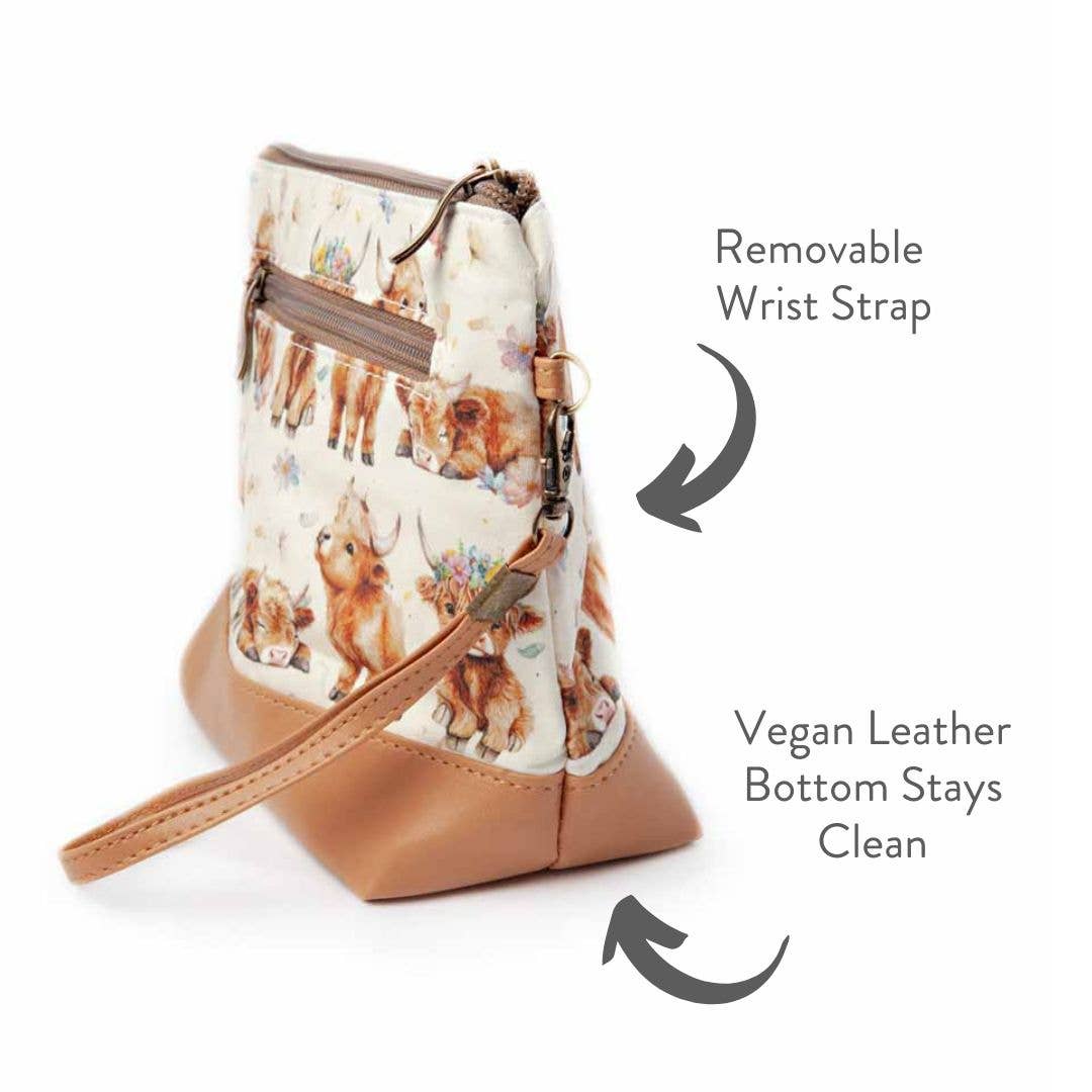 Twice Sheared Sheep Mini Trini Bag – Small Zippered Sock Project Bag - Maisy the Highland Cow Tote Bags