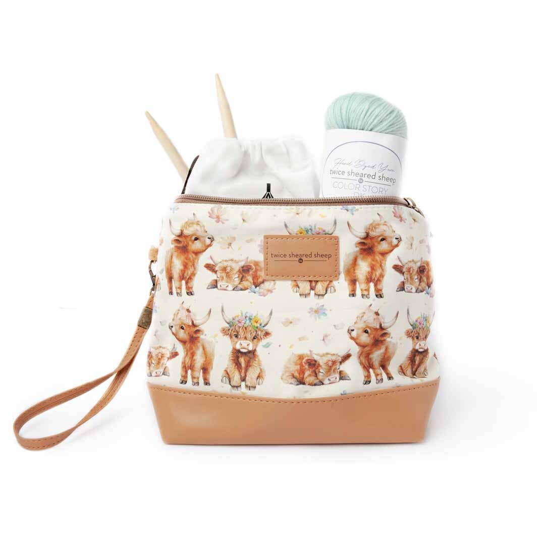 Twice Sheared Sheep Mini Trini Bag – Small Zippered Sock Project Bag - Maisy the Highland Cow Tote Bags
