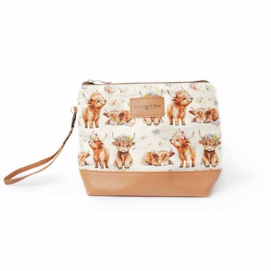 Twice Sheared Sheep Mini Trini Bag – Small Zippered Sock Project Bag - Maisy the Highland Cow Tote Bags